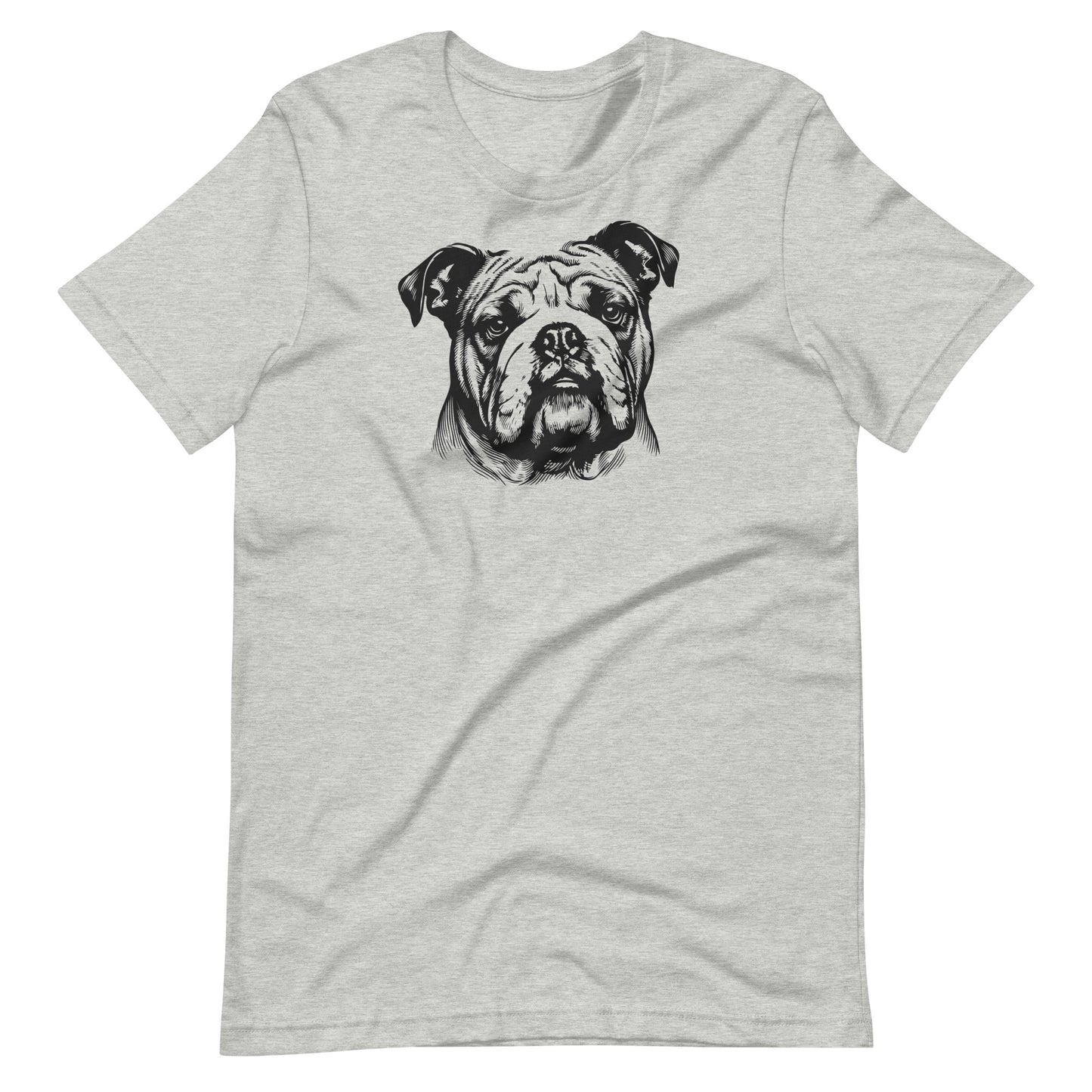 Black ink sketch art bulldog portrait printed on an athletic-heather unisex t-shirt front view