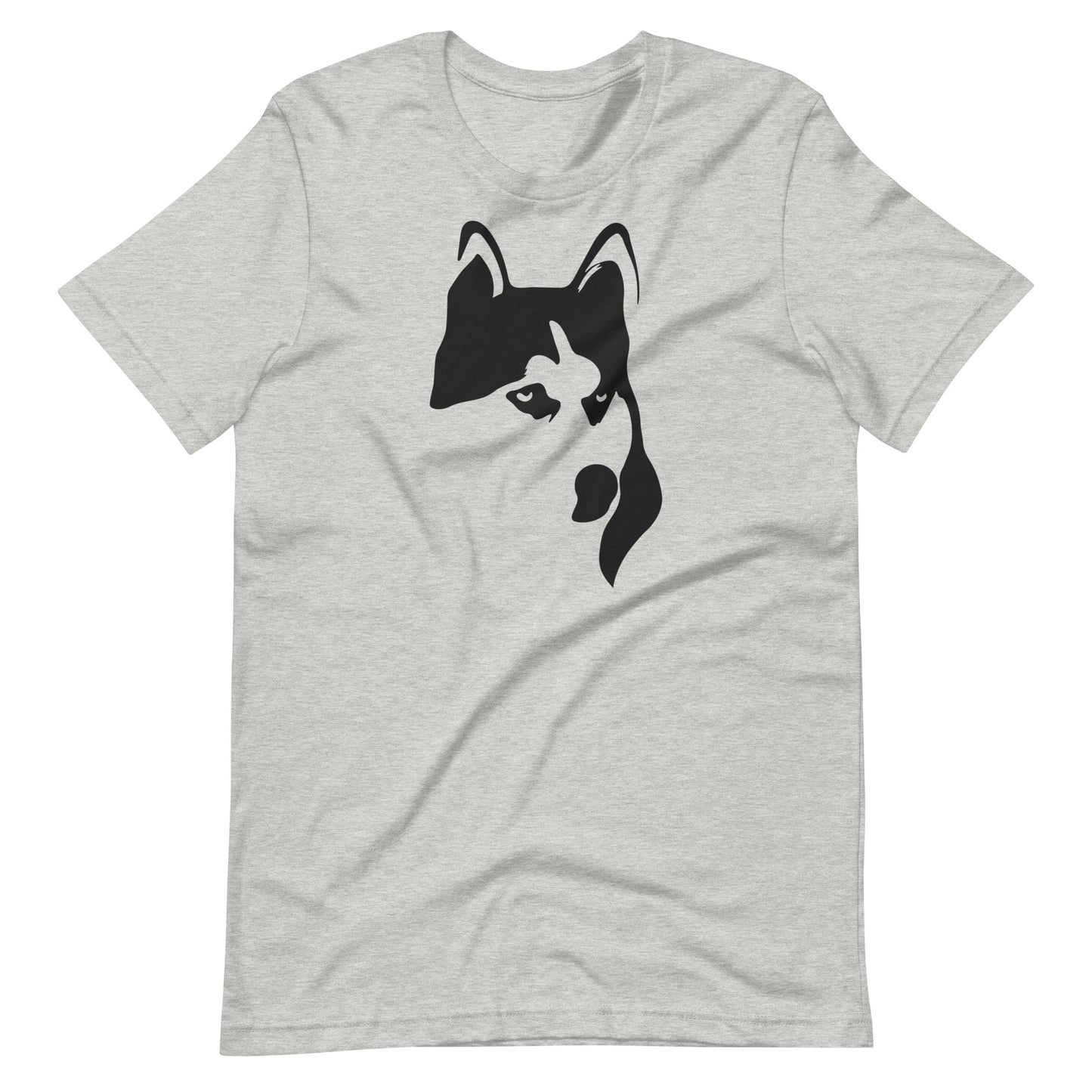Black high contrast husky dog head silhouette art printed on an athletic heather gray unisex t-shirt front view