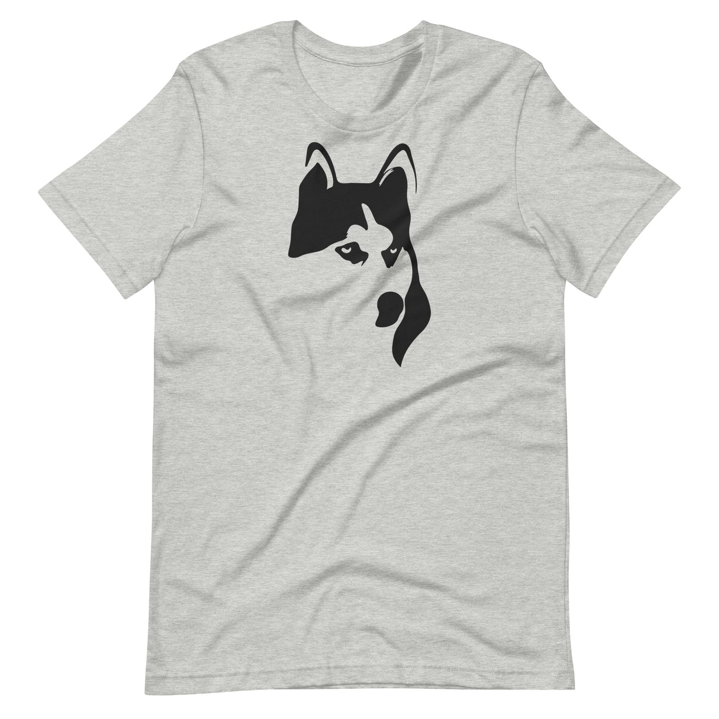 Black high contrast husky dog head silhouette art printed on an athletic heather gray unisex t-shirt front view