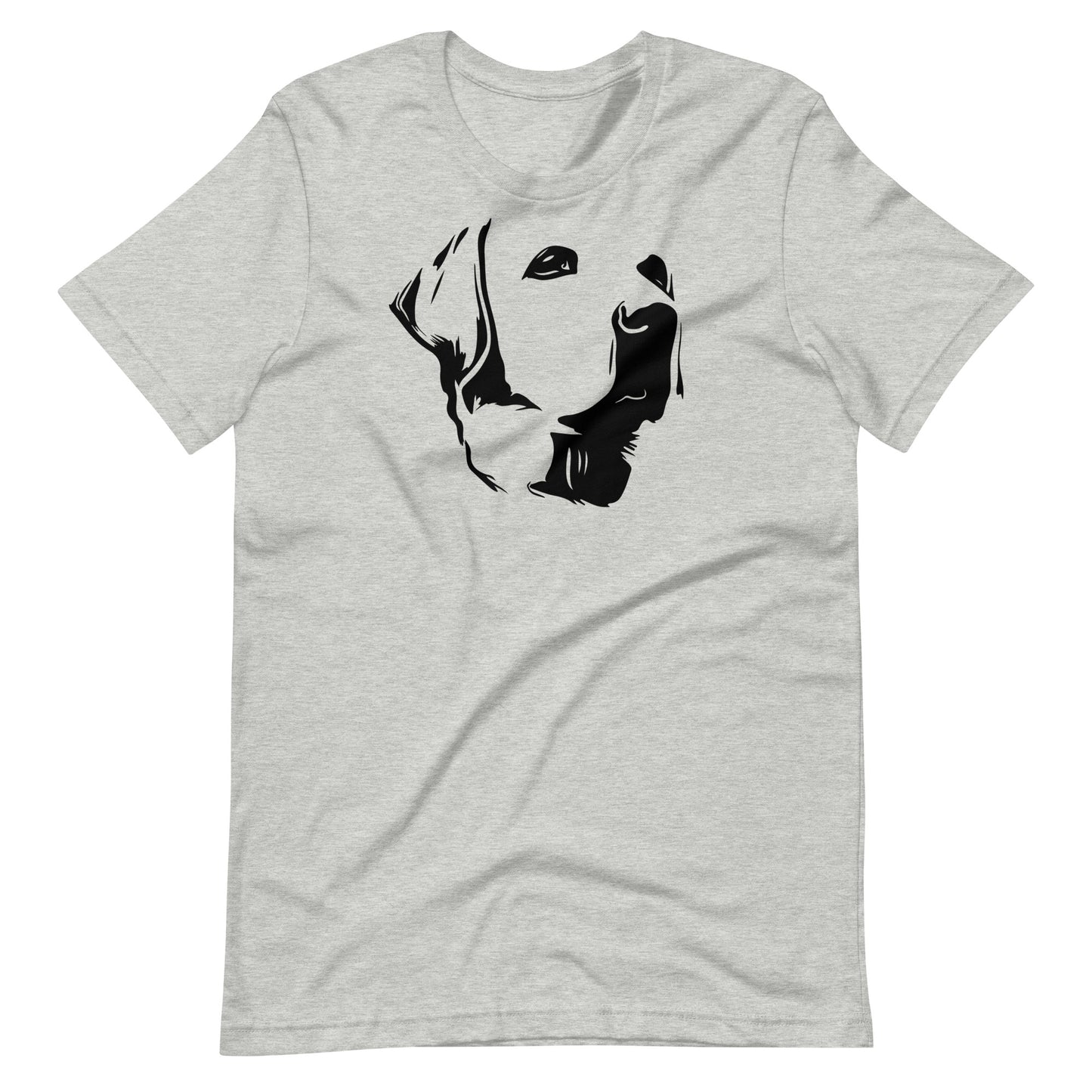 Black high contrast labrador dog head silhouette portrait art printed on an athletic heather gray unisex t-shirt front view