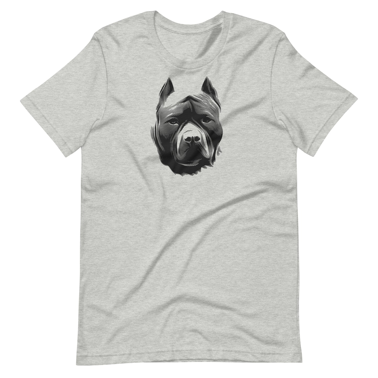 Black high contrast pit bull dog head silhouette art printed on an athletic heather gray unisex t-shirt front view