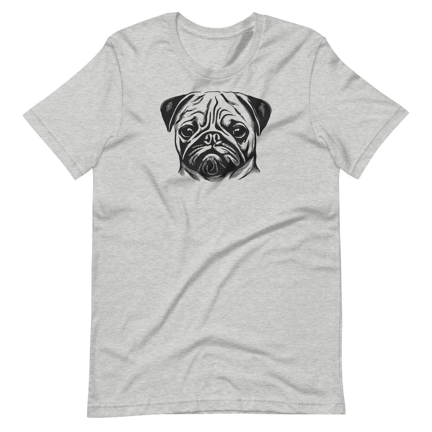 Black ink sketch art pug dog portrait printed on an athletic heather gray unisex t-shirt front view