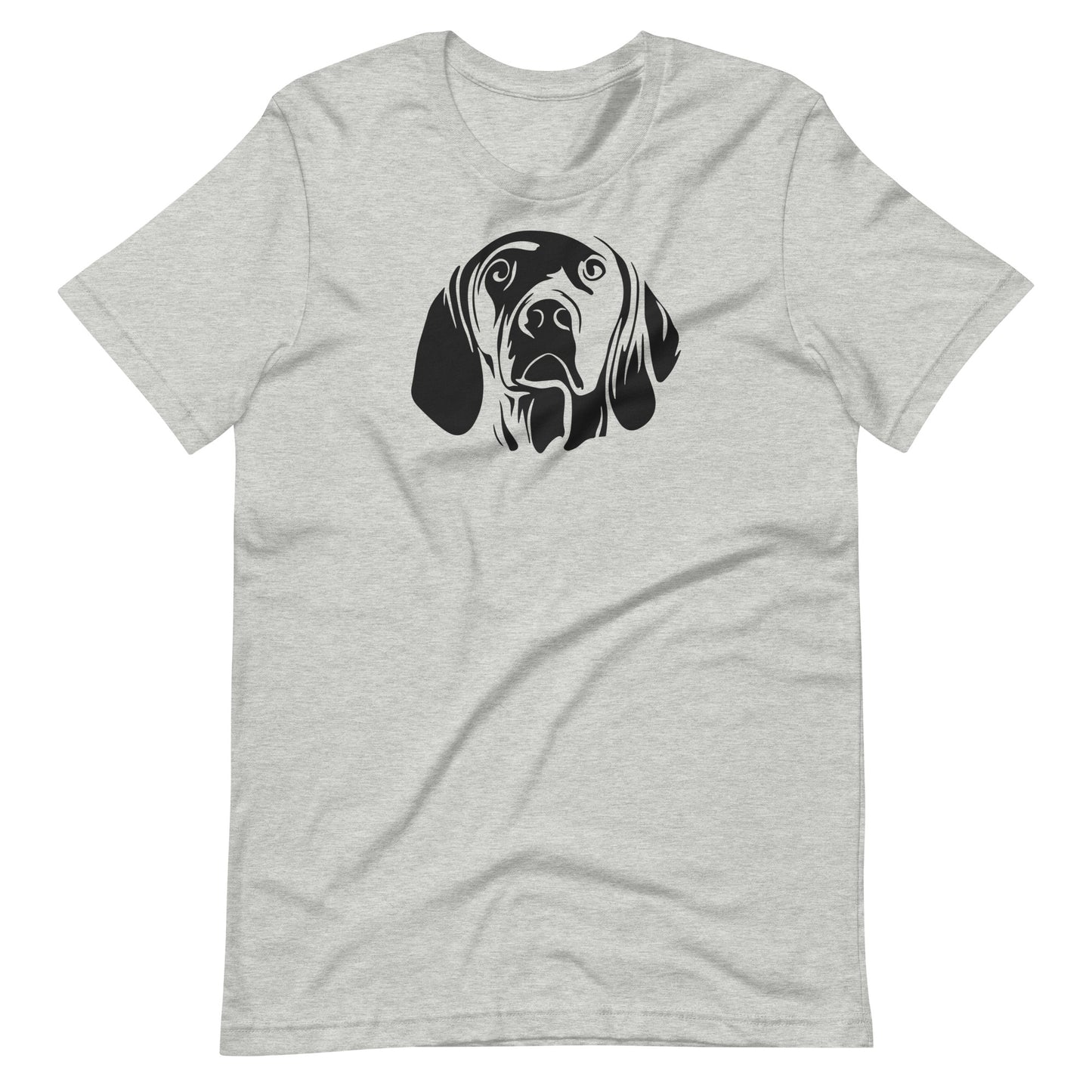 Black high contrast vizsla dog head silhouette art printed on an athletic heather gray unisex t-shirt front view