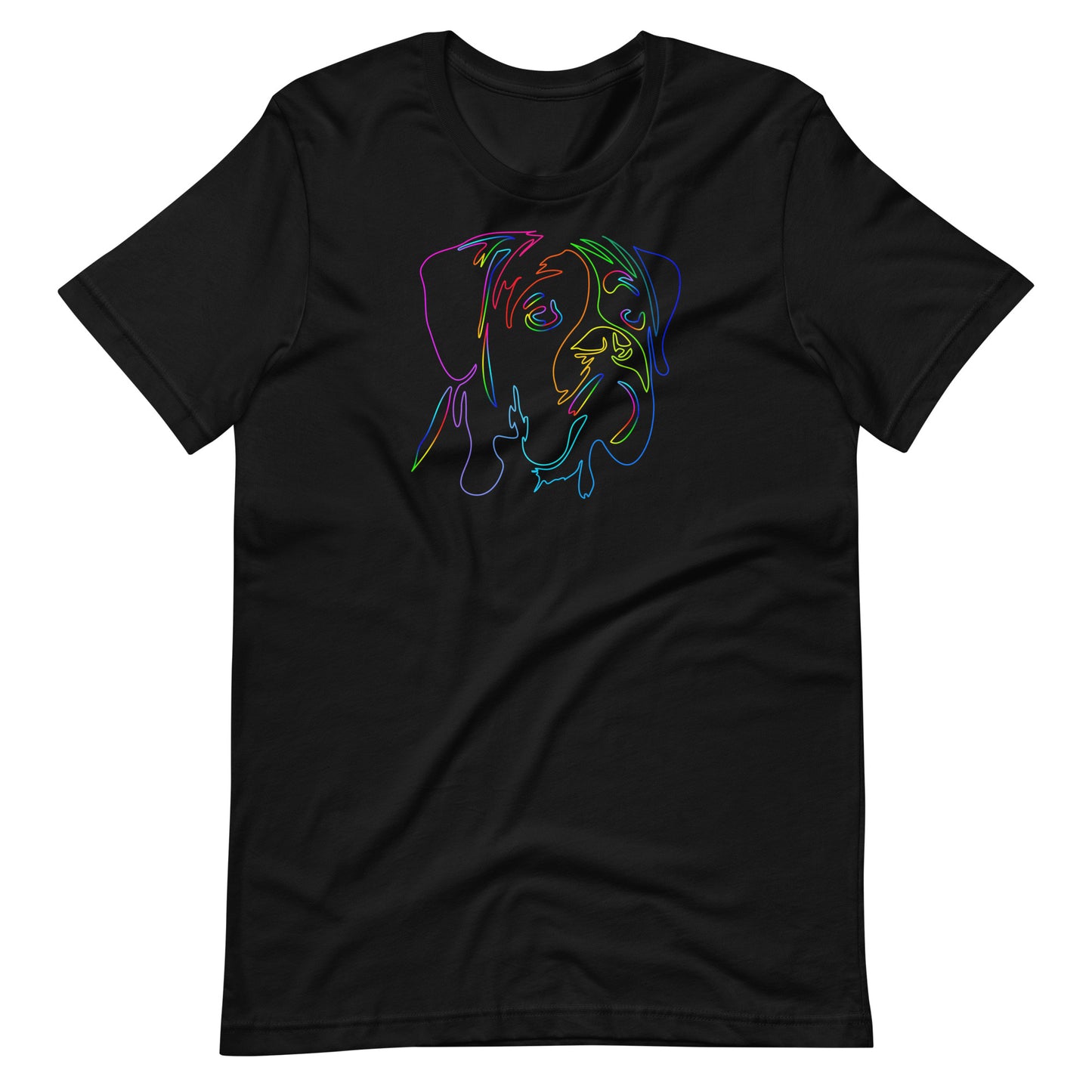Vibrant colorful neon one line art boxer dog portrait printed on a black unisex t-shirt front view