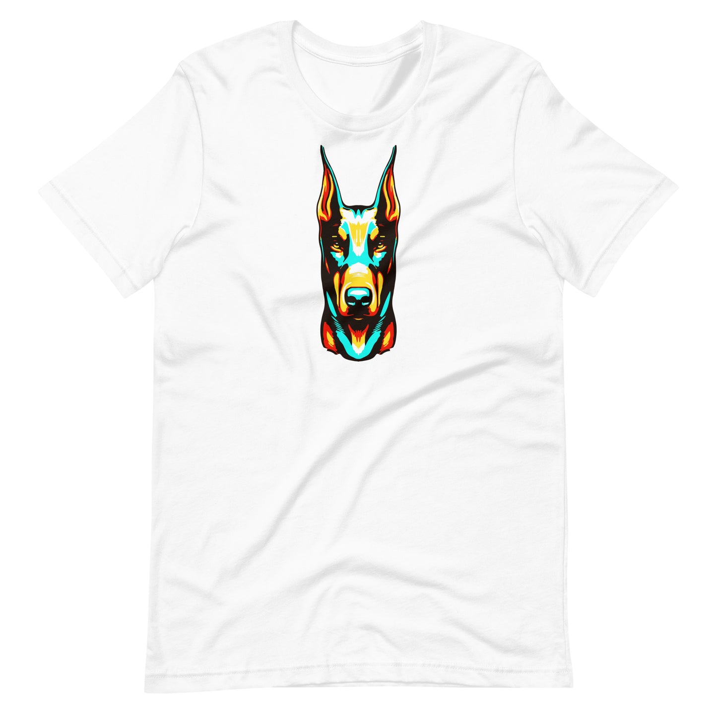 Vibrant colorful doberman dog pop art portrait printed on a white unisex t-shirt front view