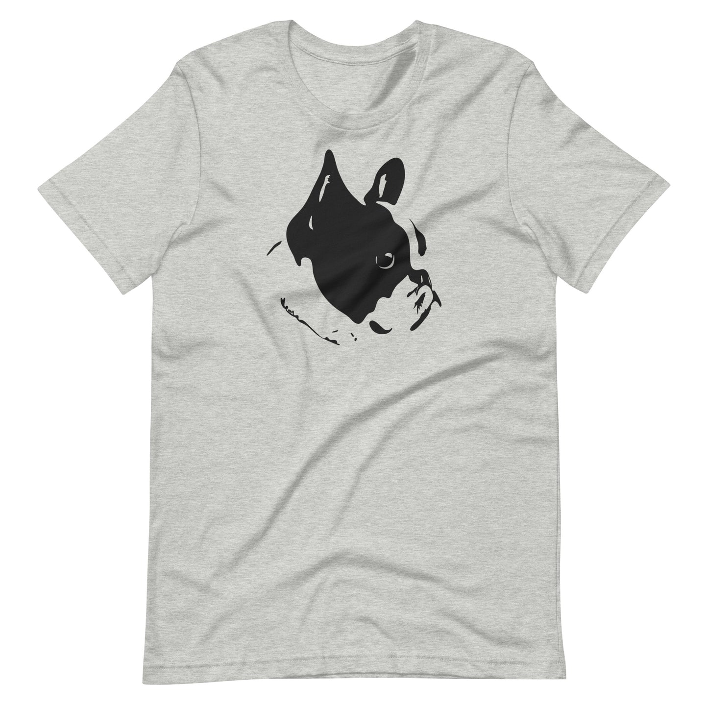 Black high contrast French Bulldog silhouette portrait art printed on an athletic heather gray unisex t-shirt front view