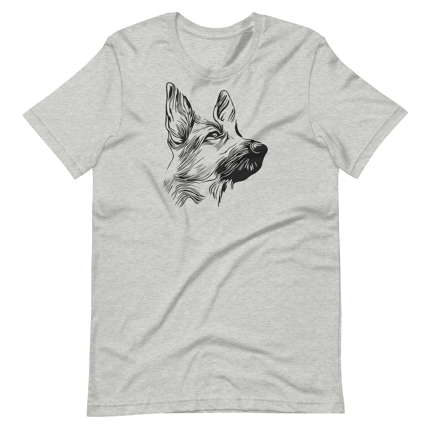 Detailed ink linework German Shepherd dog portrait printed on an athletic heather gray unisex t-shirt front view