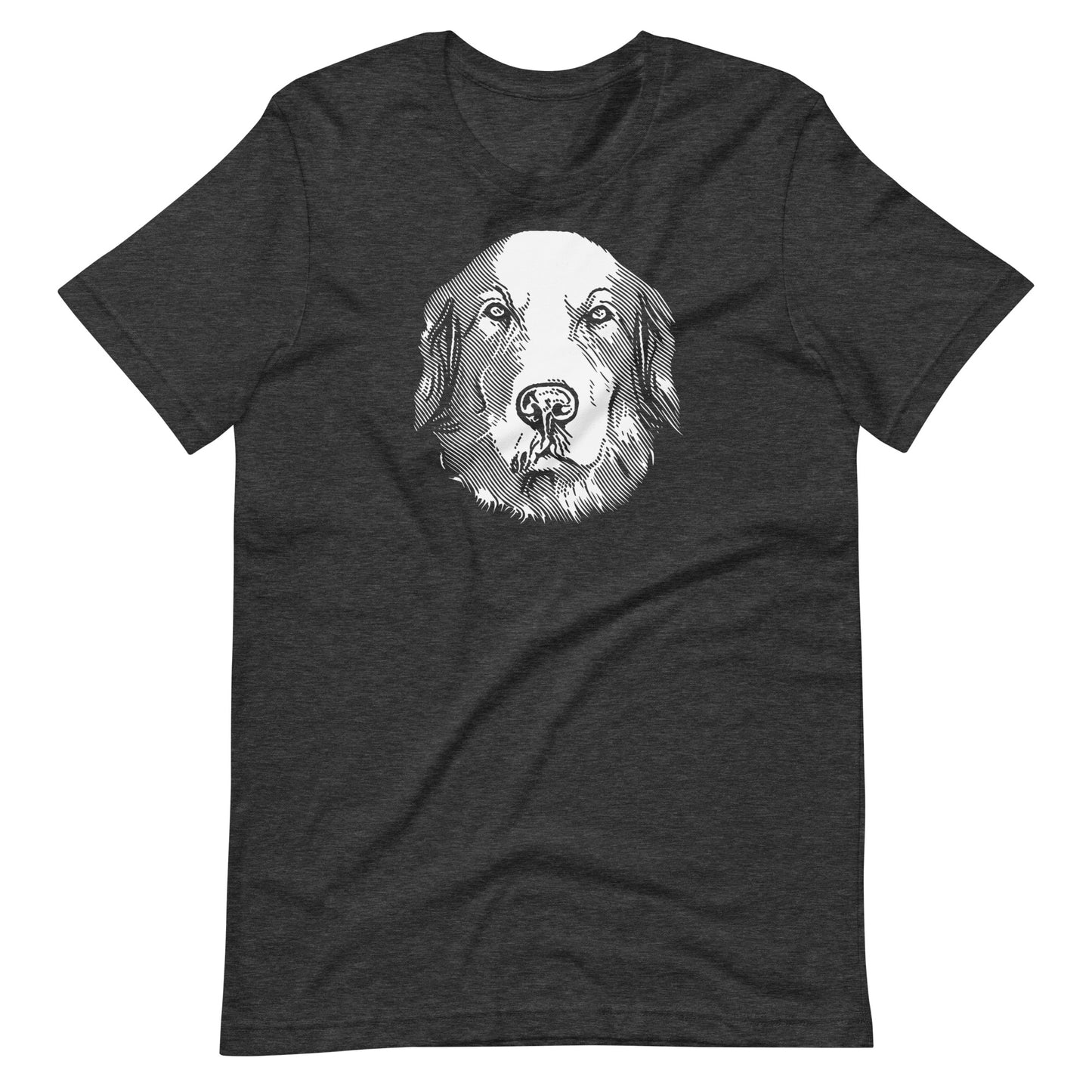 White ink etching engraving linework golden retriever dog portrait printed on a dark grey unisex t-shirt front view