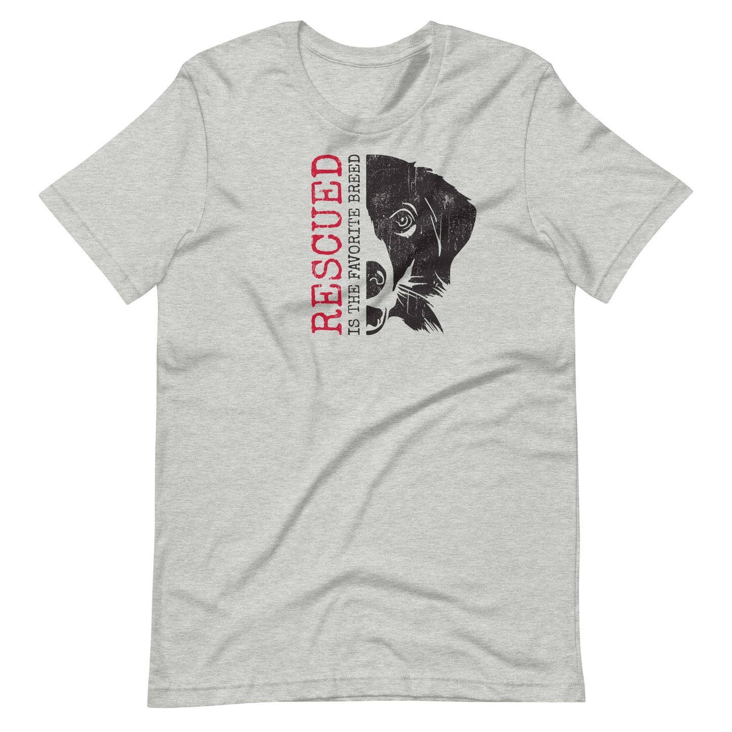 Rescued Is The Favorite Breed text with dog face art printed on an athletic heather gray unisex t-shirt front view