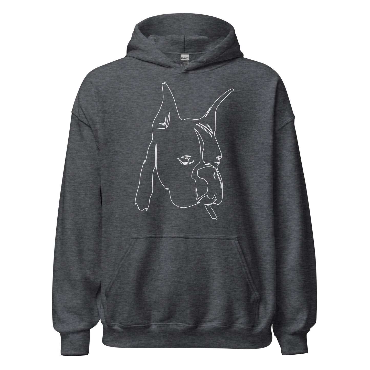 White line Boxer face on unisex dark heather hoodie