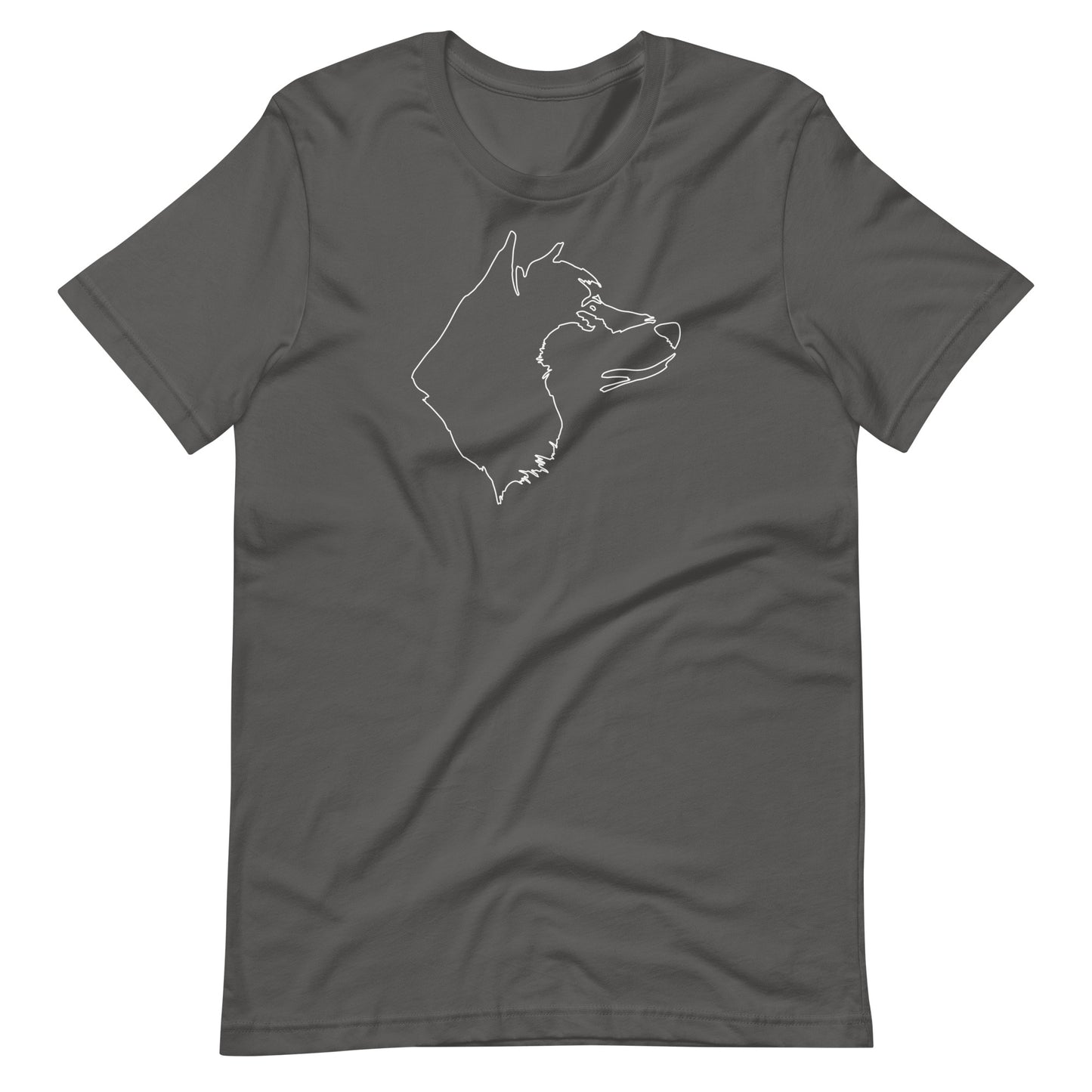 White minimalist one line art Akita dog profile silhouette printed on an asphalt gray unisex t-shirt front view