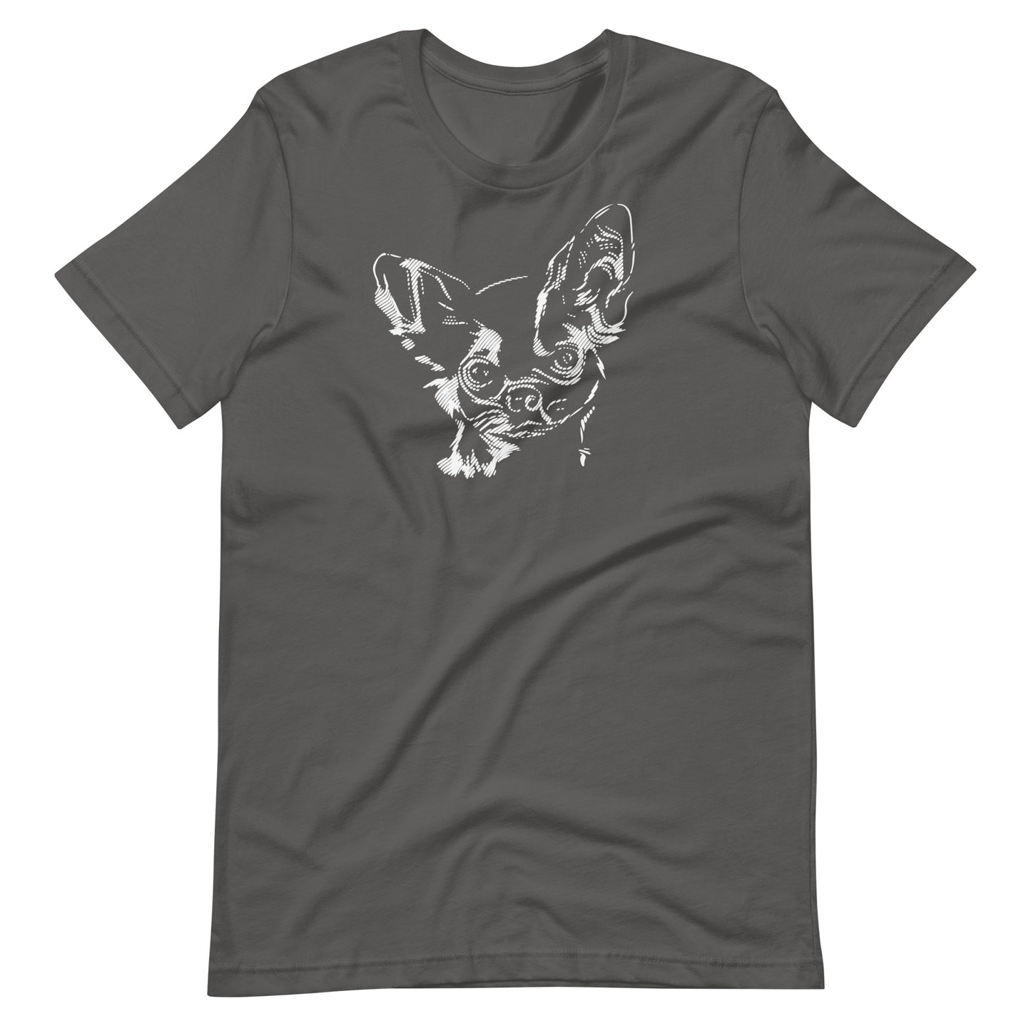 White high contrast chihuahua dog head silhouette art printed on an asphalt gray unisex t-shirt front view