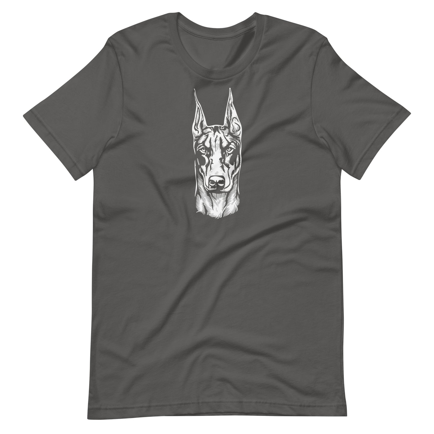 White high contrast doberman dog head silhouette art printed on an asphalt gray unisex t-shirt front view