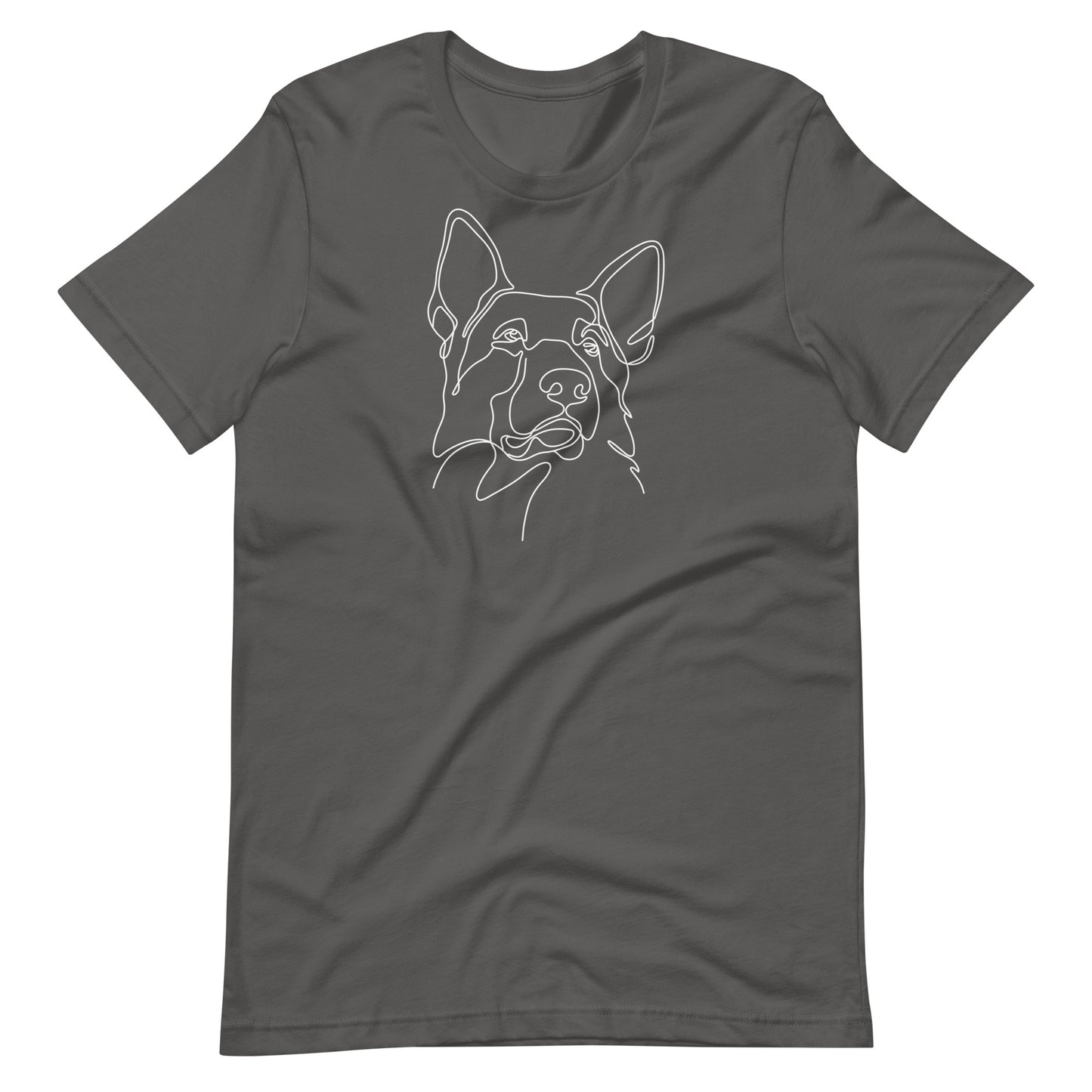 White minimalist line art German Shepherd dog portrait printed on an asphalt gray unisex t-shirt front view