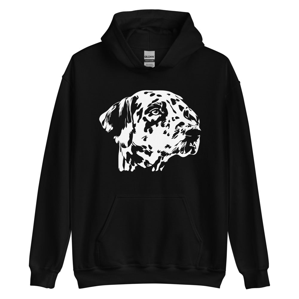 White Dalmatian face silhouette on unisex black hoodie
