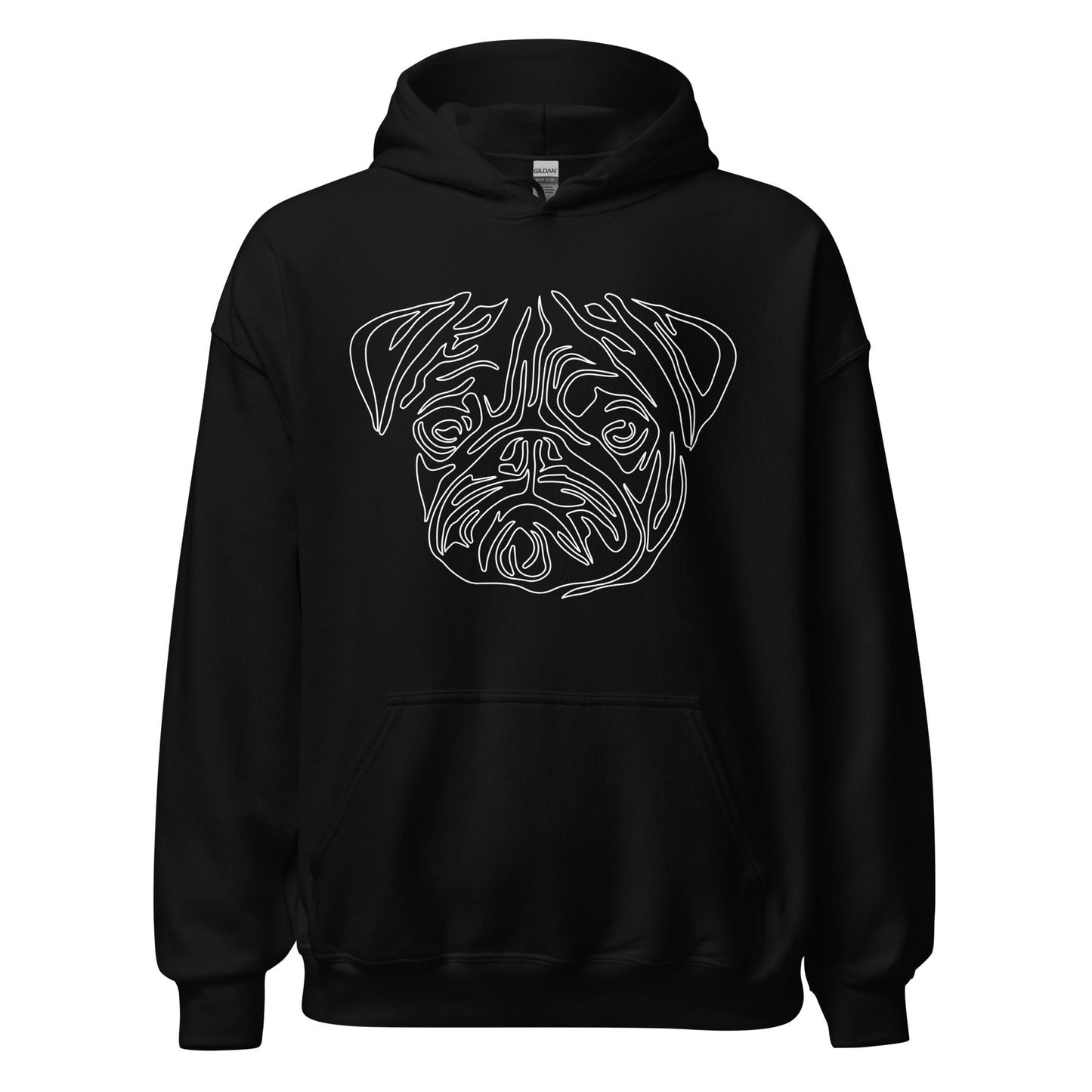 White line Pug face on unisex black hoodie