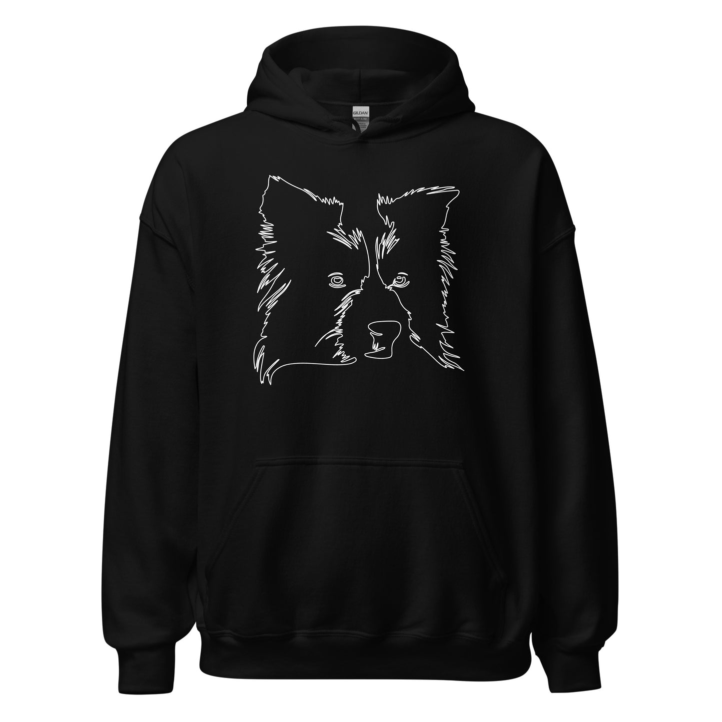 White line Border Collie face on unisex black hoodie