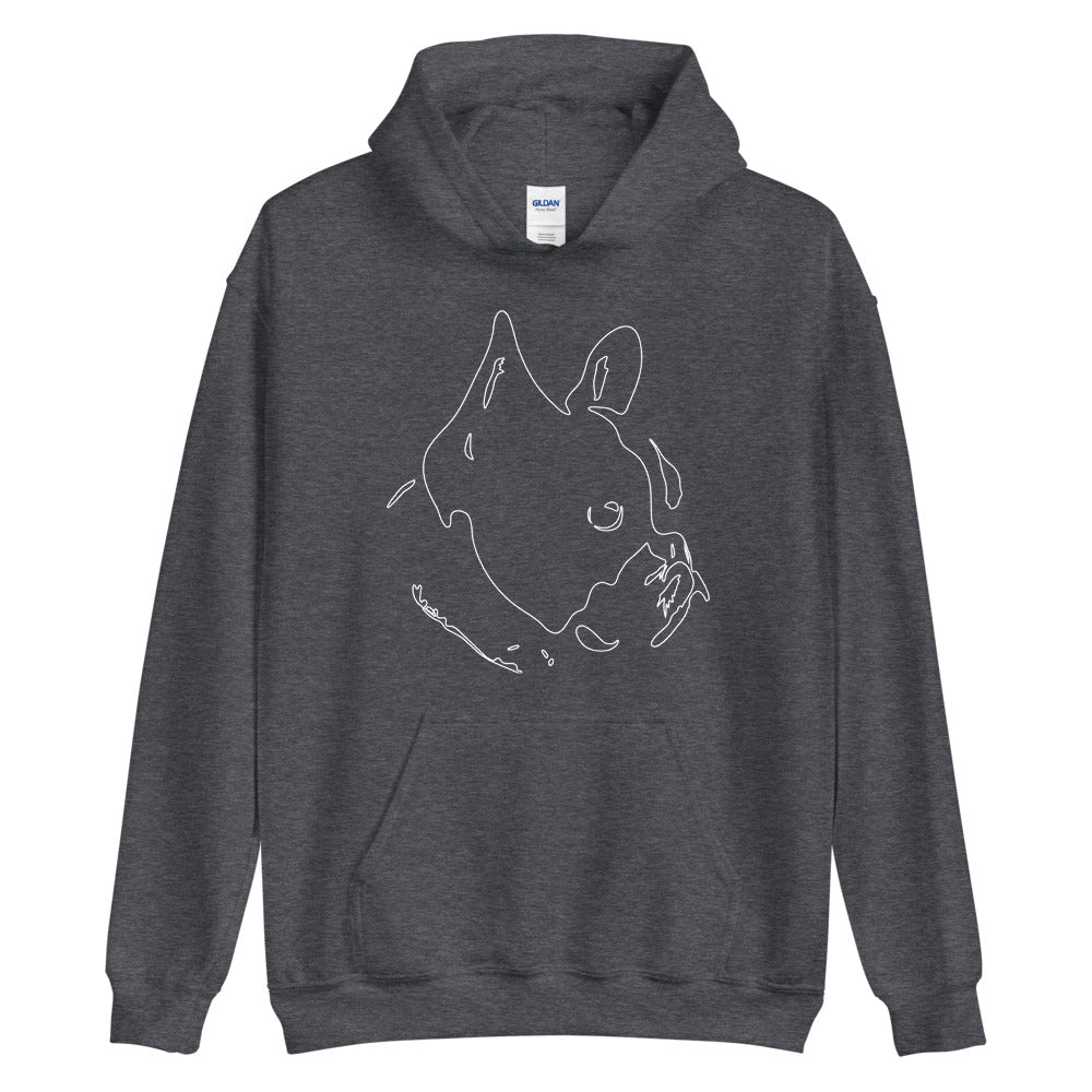 White line French Bulldog face on unisex dark heather hoodie