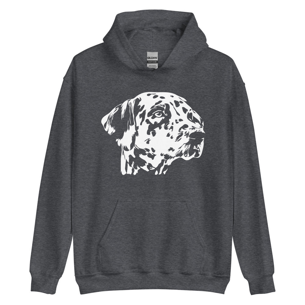White Dalmatian face silhouette on unisex dark heather hoodie
