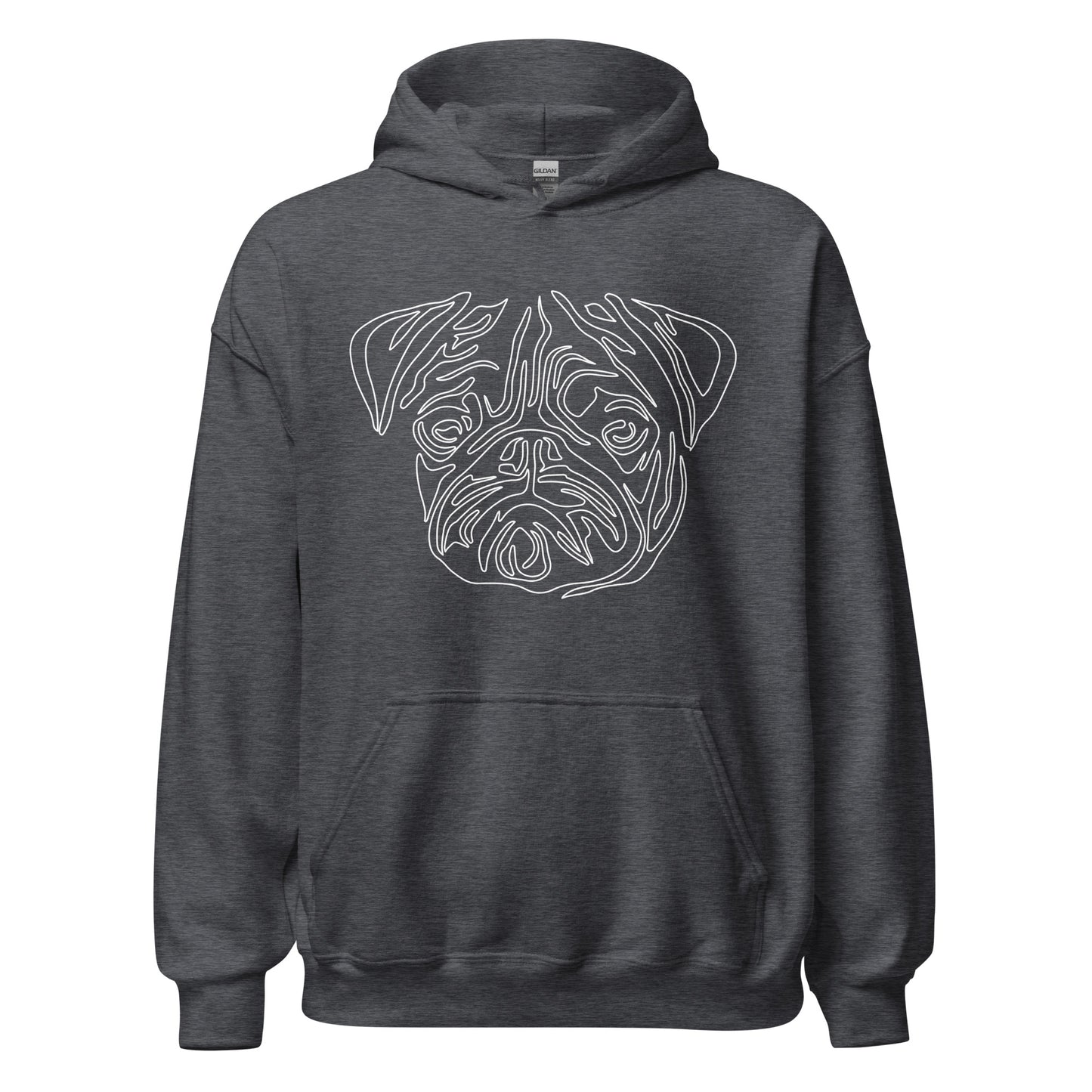 White line Pug face on unisex dark heather hoodie