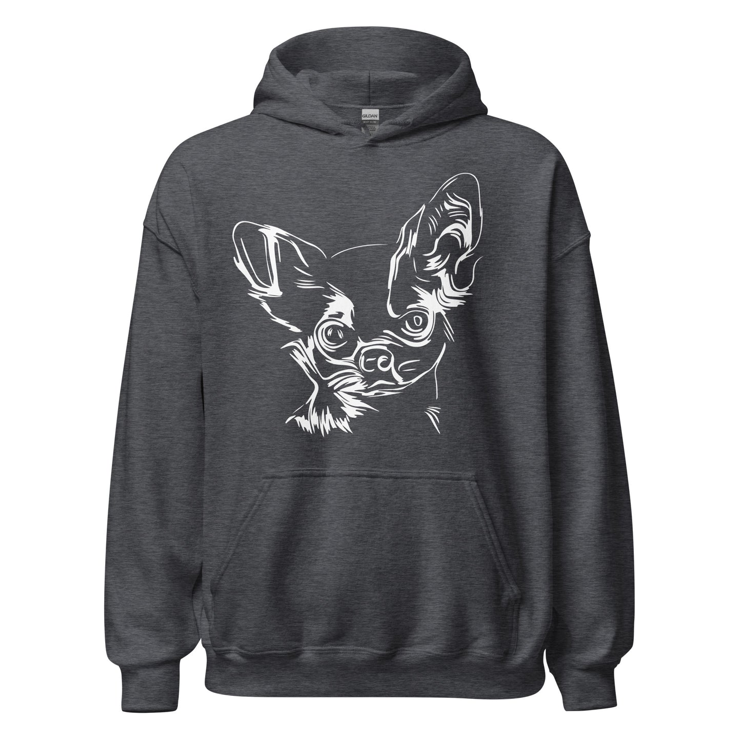 White line Chihuahua face on unisex dark heather hoodie
