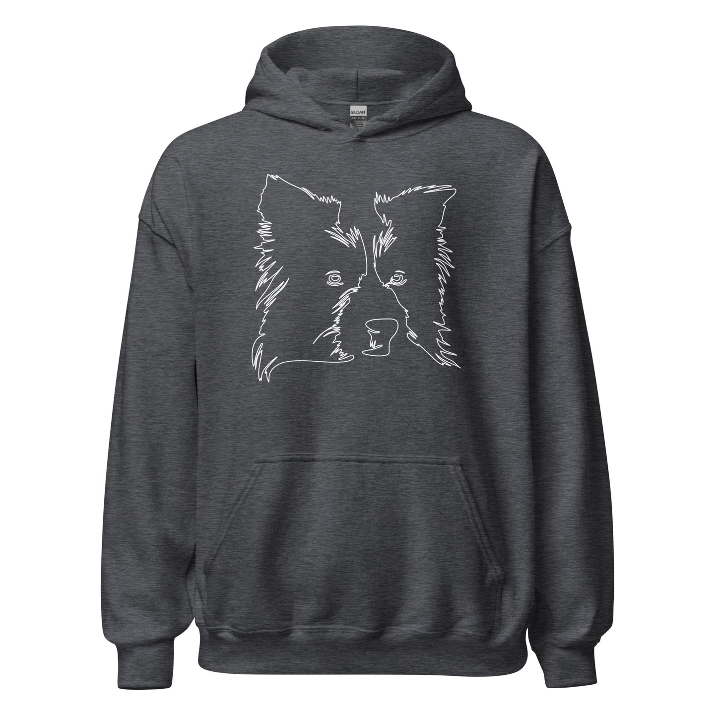 White line Border Collie face on unisex dark heather hoodie