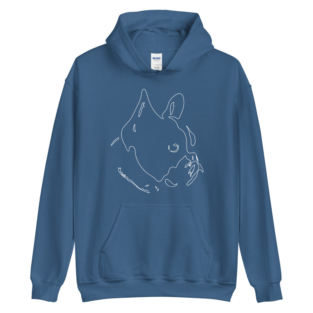 White line French Bulldog face on unisex indigo blue hoodie