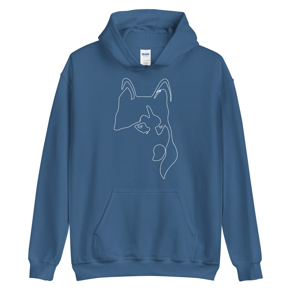 White line Siberian Husky face on unisex indigo blue hoodie