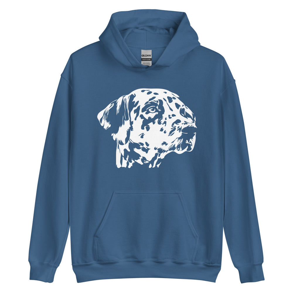 White Dalmatian face silhouette on unisex indigo blue hoodie