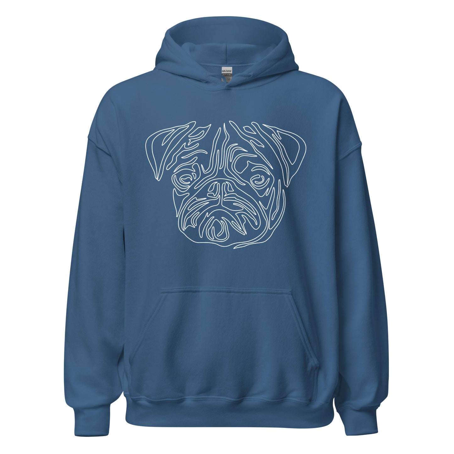 White line Pug face on unisex indigo blue hoodie