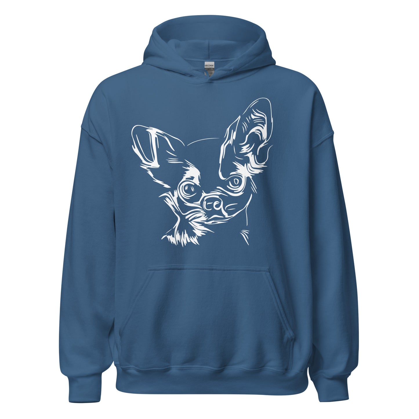 White line Chihuahua face on unisex indigo blue hoodie
