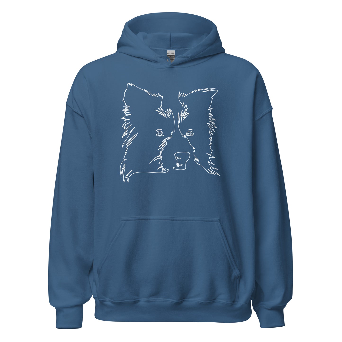 White line Border Collie face on unisex indigo blue hoodie