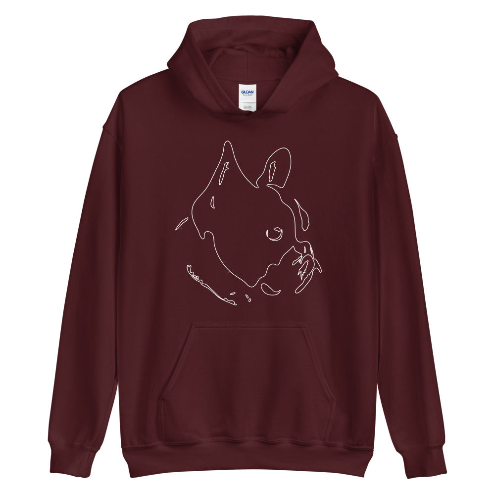 White line French Bulldog face on unisex maroon hoodie