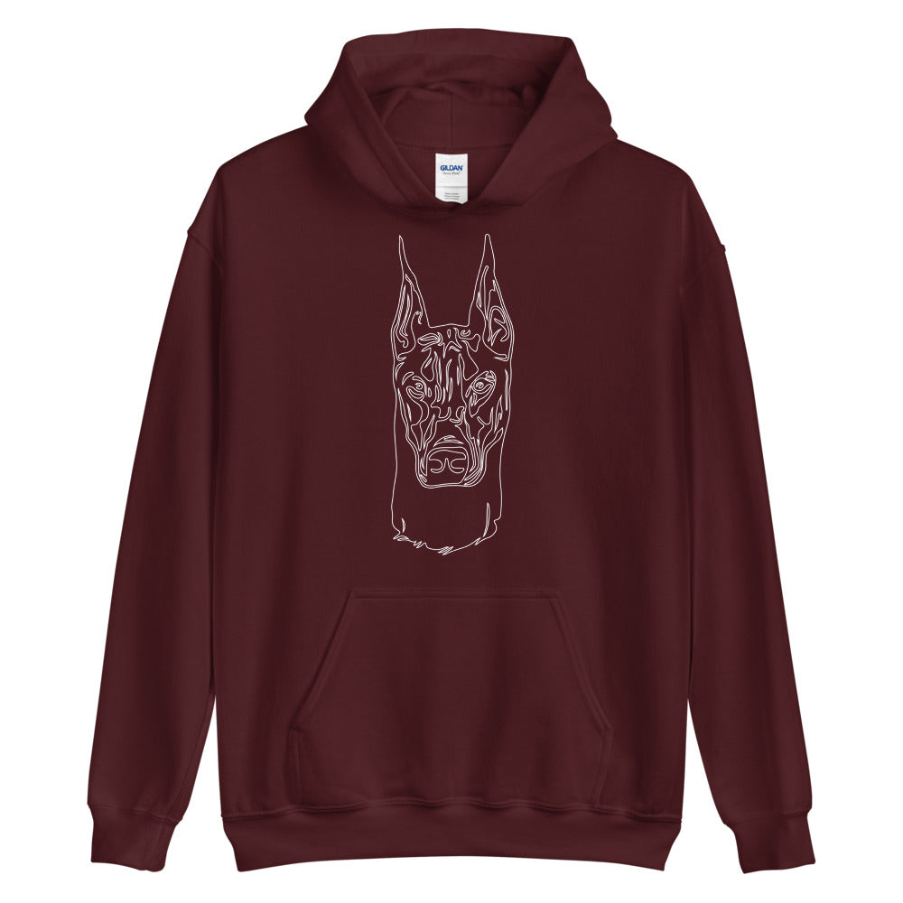 White line Doberman face on unisex maroon hoodie