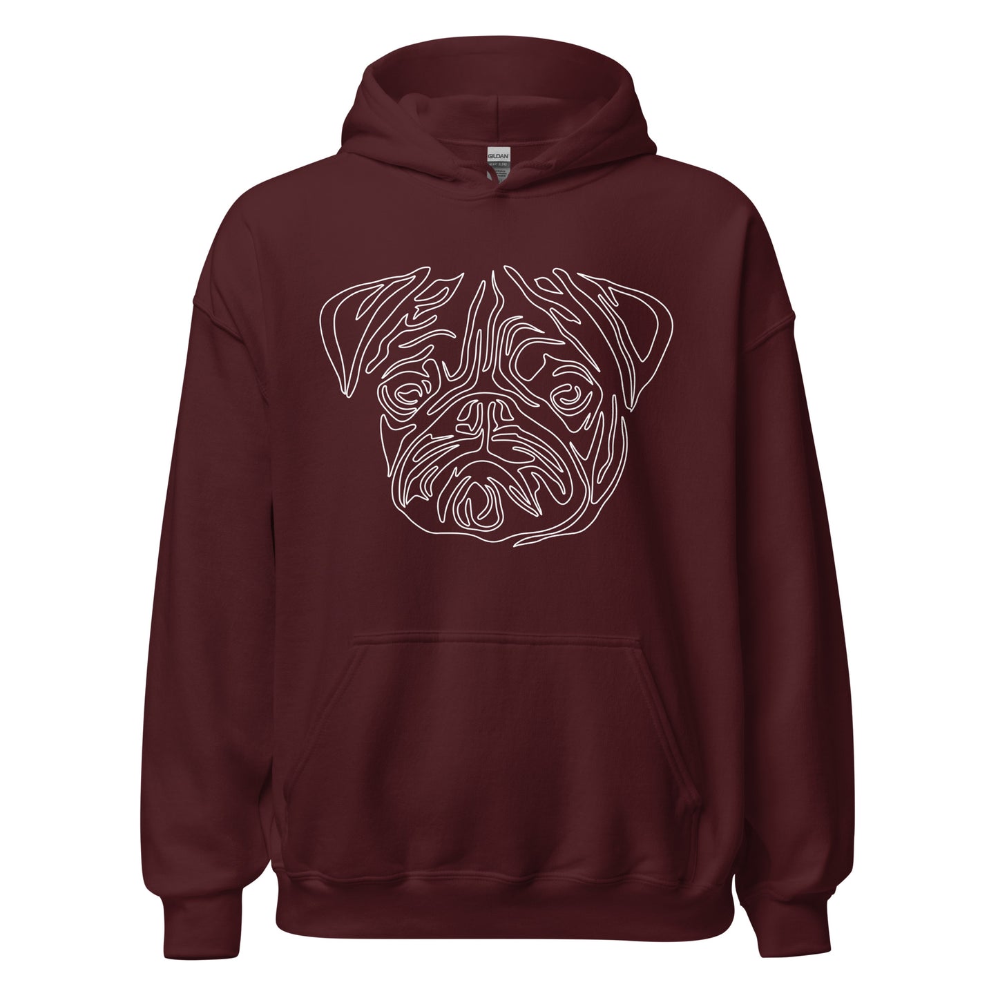 White line Pug face on unisex maroon hoodie