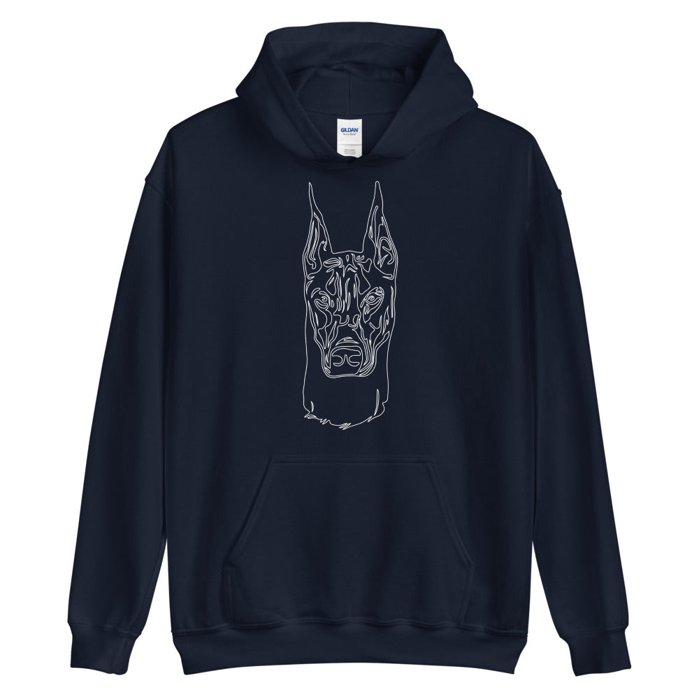 White line Doberman face on unisex navy hoodie