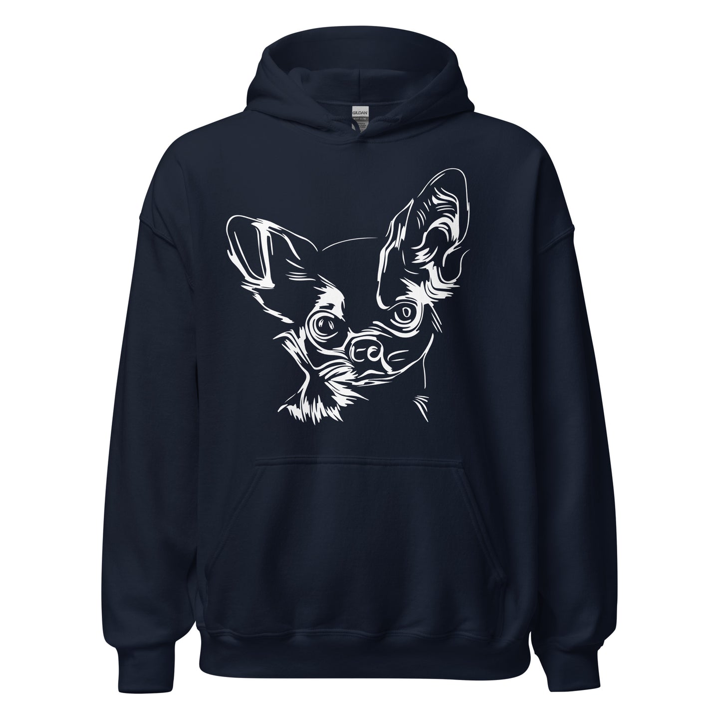 White line Chihuahua face on unisex navy hoodie