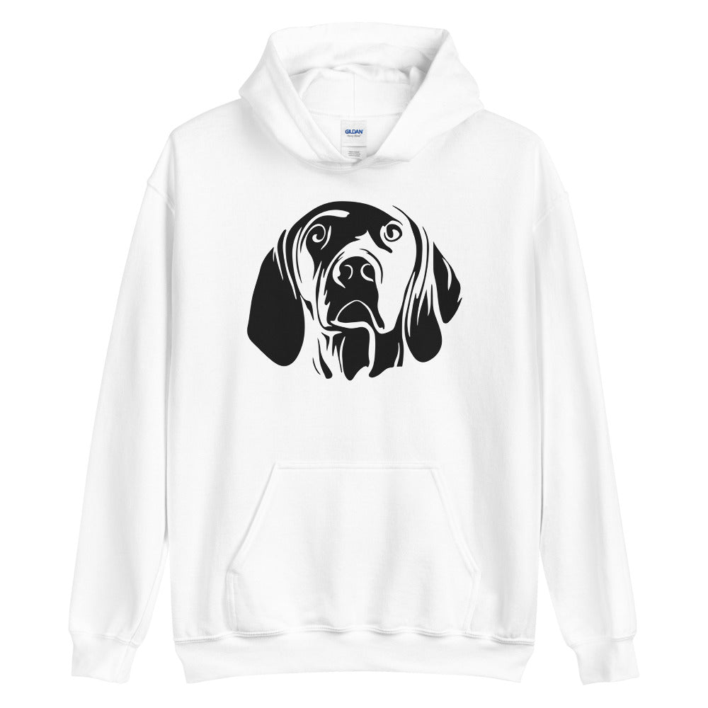 Black Vizsla face silhouette on unisex white hoodie