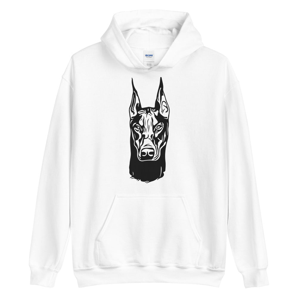 Black Doberman face silhouette on unisex white hoodie