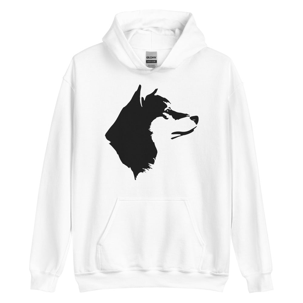 Black Akita face silhouette on unisex white hoodie