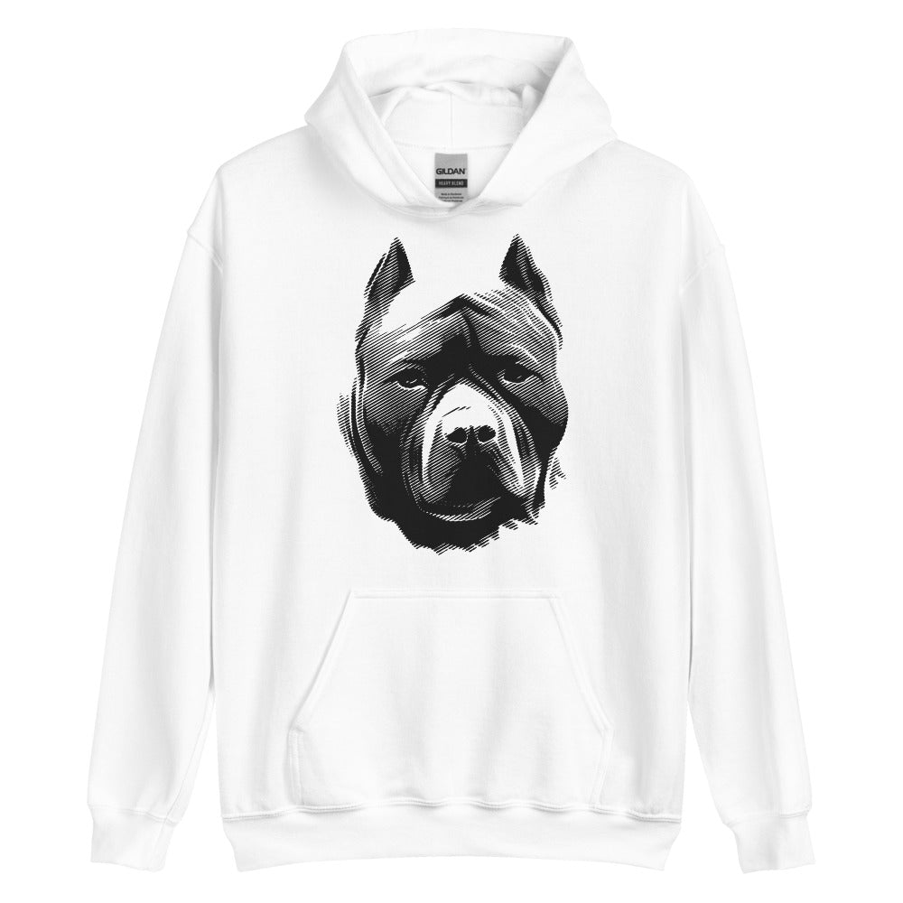 Black Pit Bull face silhouette on unisex white hoodie