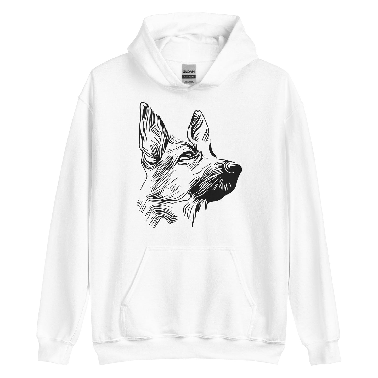 Black German Shepherd face silhouette on unisex white hoodie