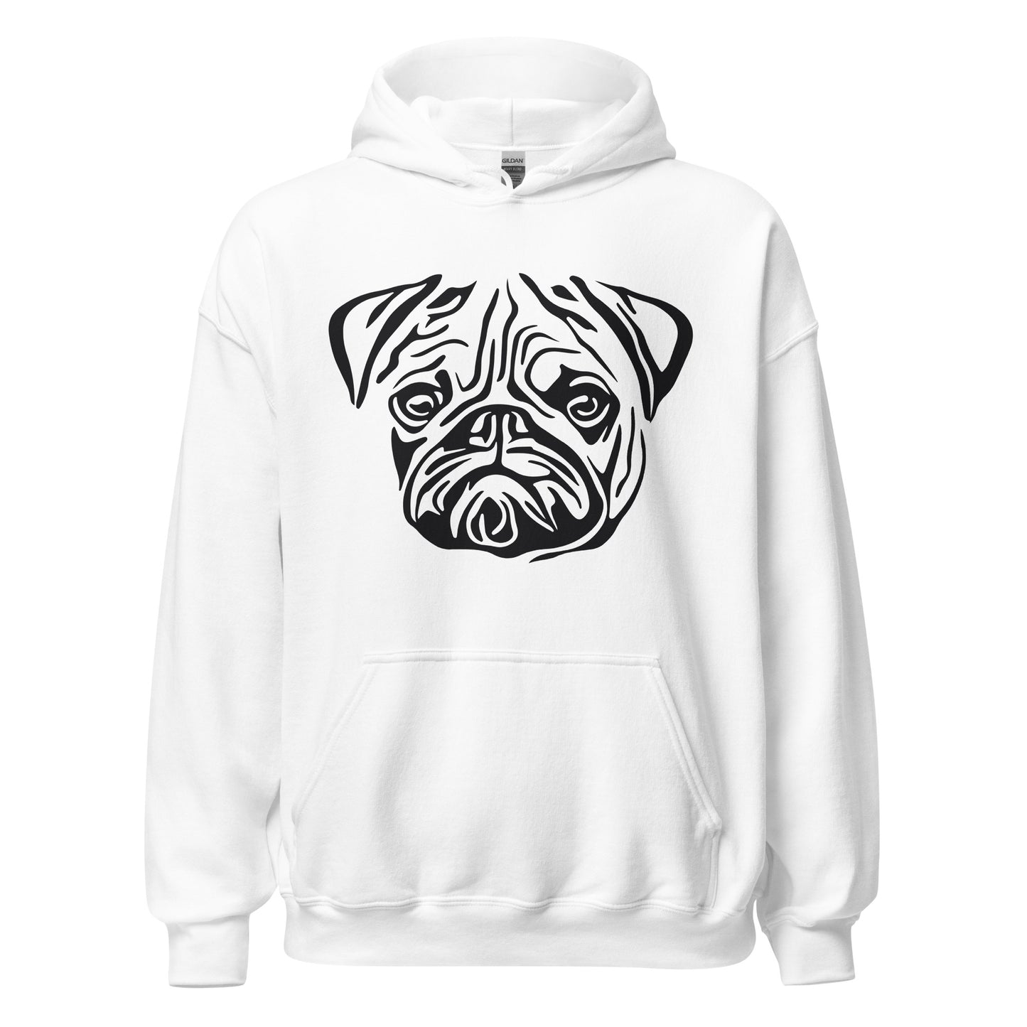 Black Pug face silhouette on unisex white hoodie