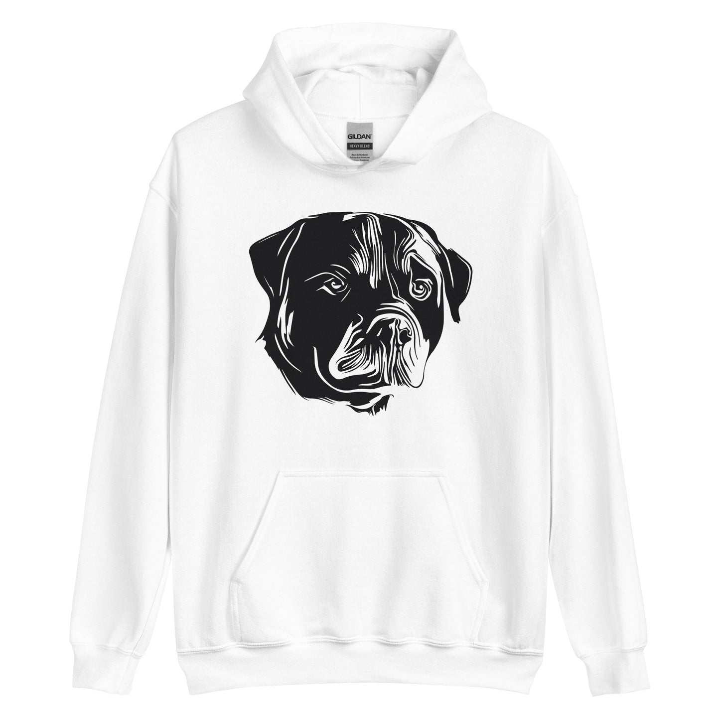 Black Rottweiler face silhouette on unisex white hoodie
