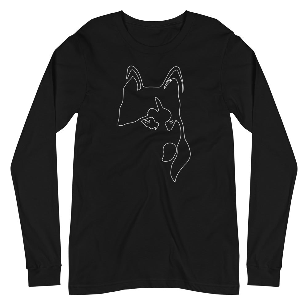 White line Siberian Husky face on unisex black long sleeve t-shirt