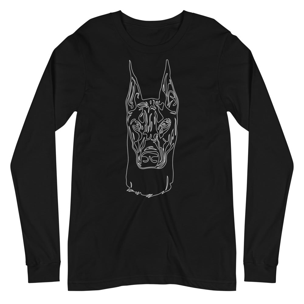 White line Doberman face on unisex black long sleeve t-shirt