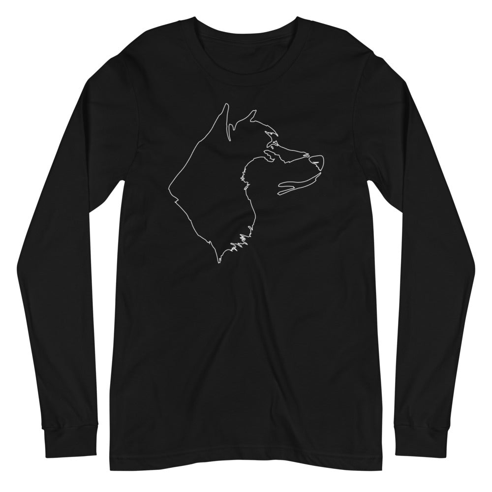 White line Akita face on unisex black long sleeve t-shirt