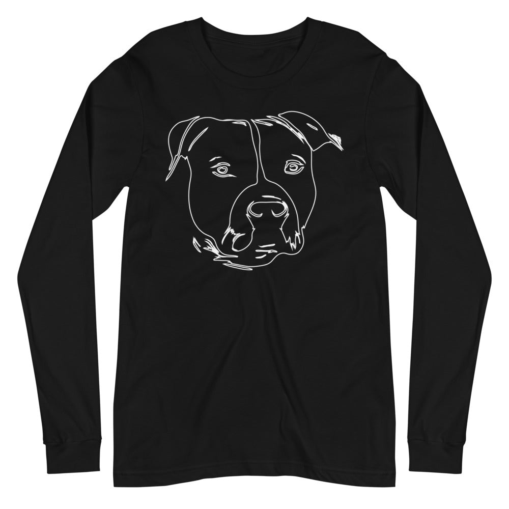 White line American Staffordshire face on unisex black long sleeve t-shirt
