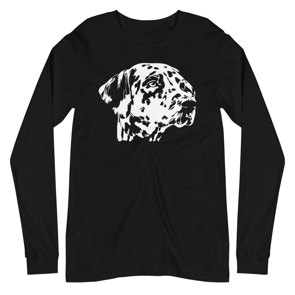 White Dalmatian face silhouette on unisex black long sleeve t-shirt