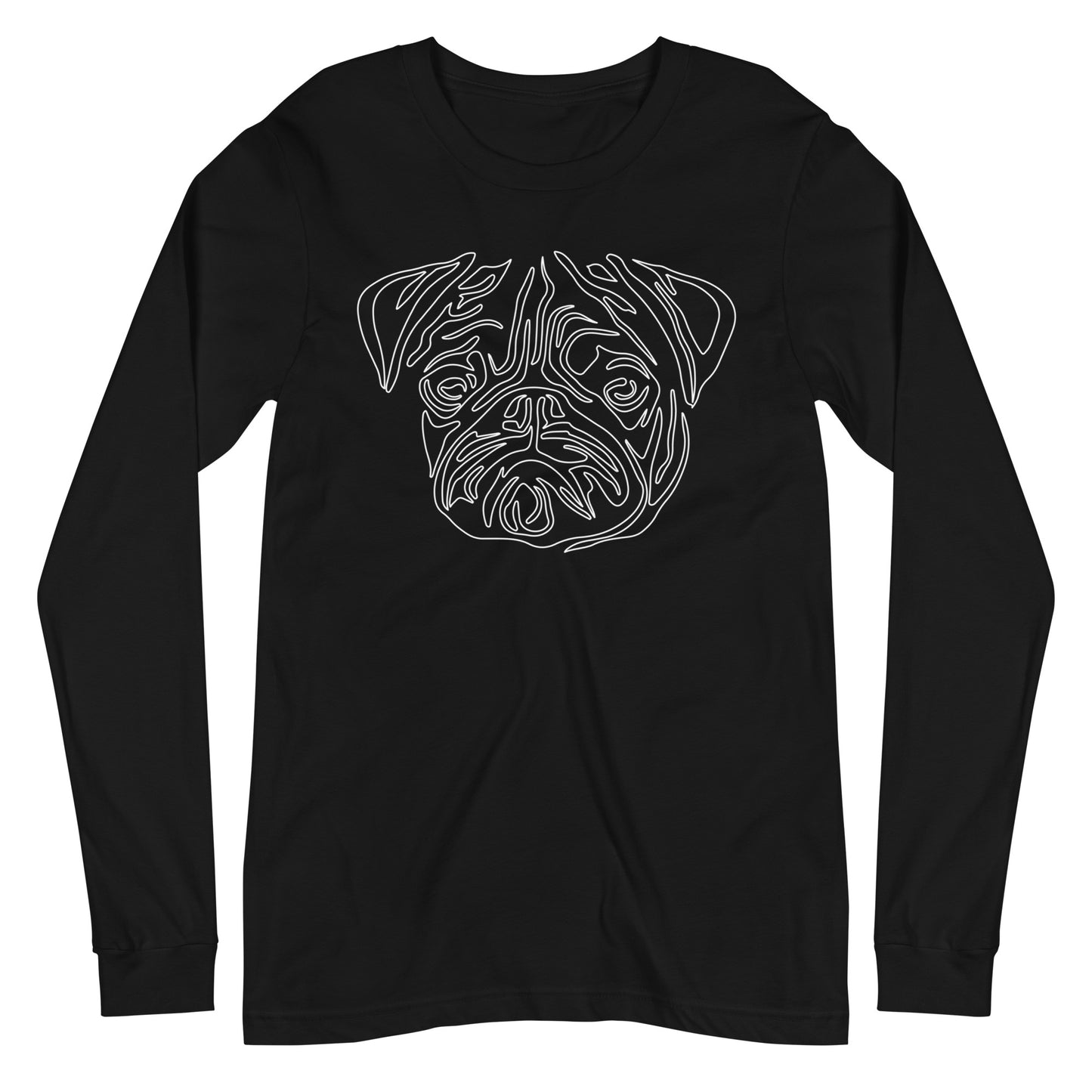 White line Pug face on unisex black long sleeve t-shirt